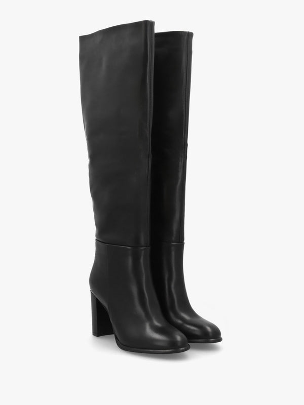 Lottie Black Leather High Block Heel Knee Boots