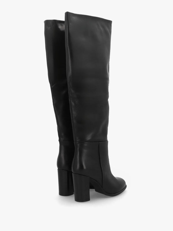 Lottie Black Leather High Block Heel Knee Boots