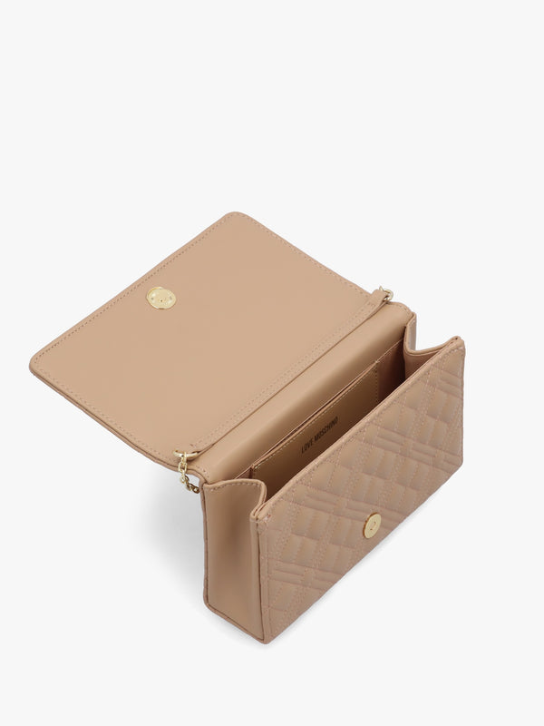 Diamond Quilt Flapover Beige Cross-Body Bag