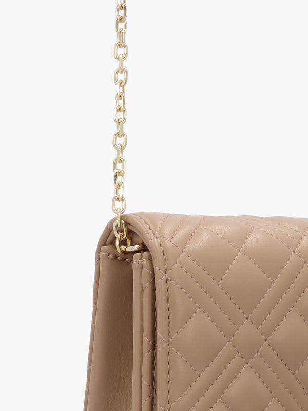 Diamond Quilt Flapover Beige Cross-Body Bag