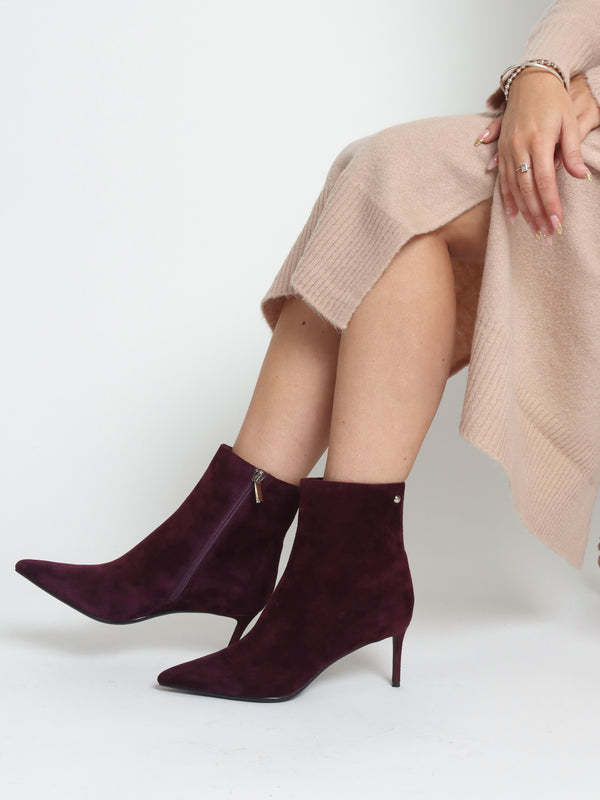 Swift Burgundy Suede Mid Heel Ankle Boots