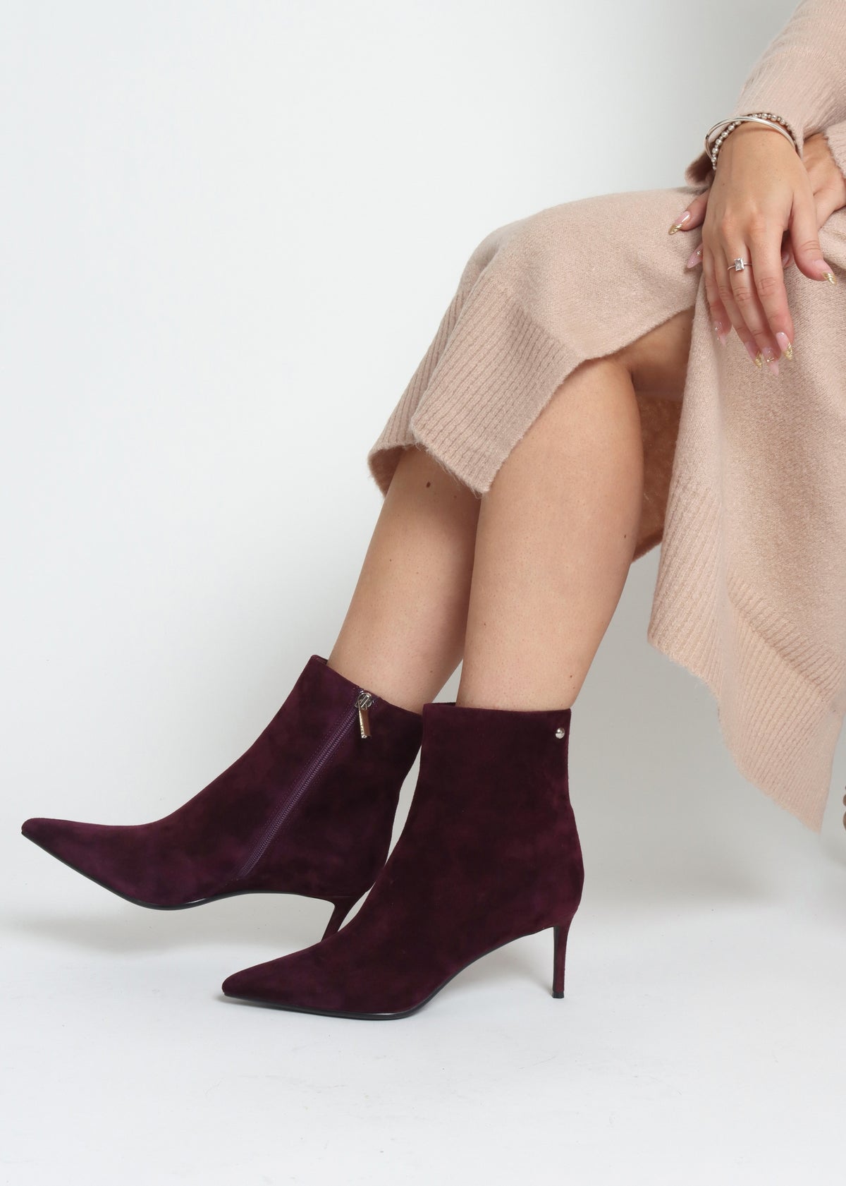 Swift Burgundy Suede Mid Heel Ankle Boots