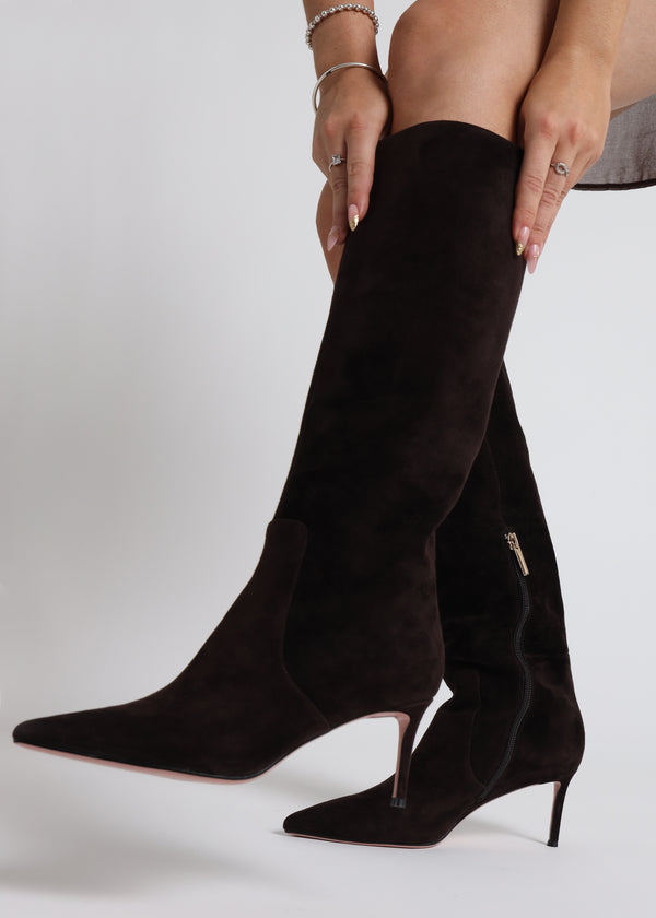 Saffia Brown Suede Slim Heel Knee Boots
