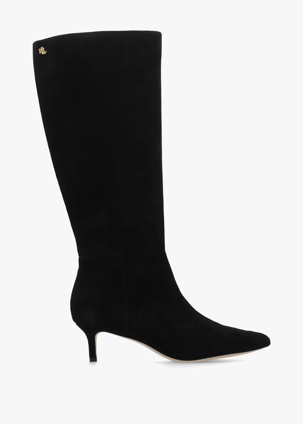 McKay Tall Black Suede Kitten Heeled Knee Boots