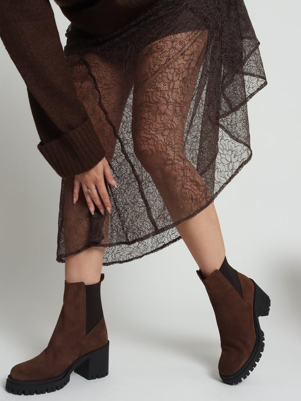 Luxor Brown Suede Block Heel Chelsea Boots