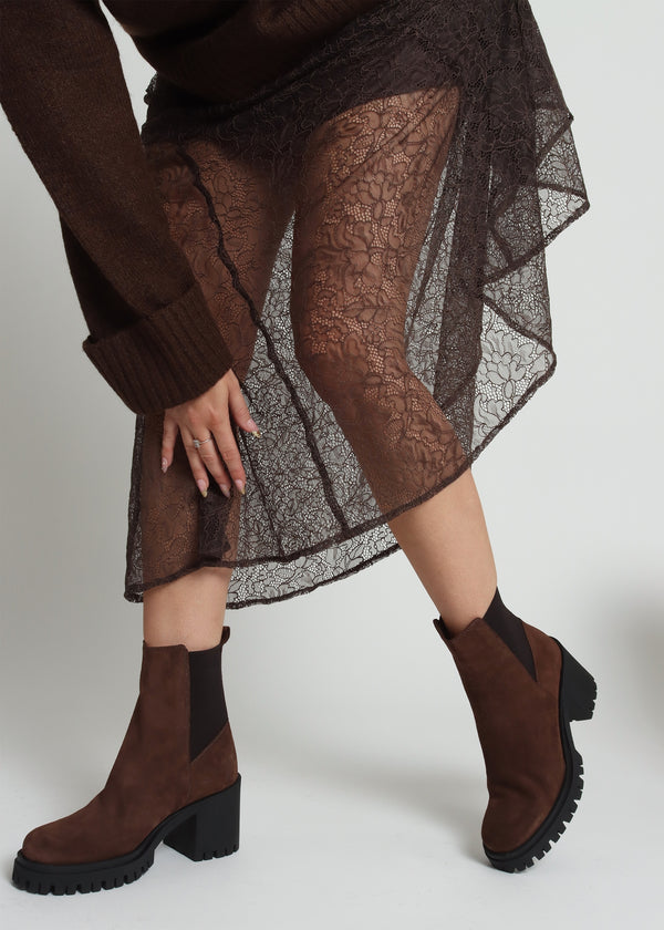 Luxor Brown Suede Block Heel Chelsea Boots