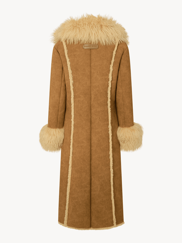 Indie 70's Tan Lambskin Shearling Trim Longline Coat