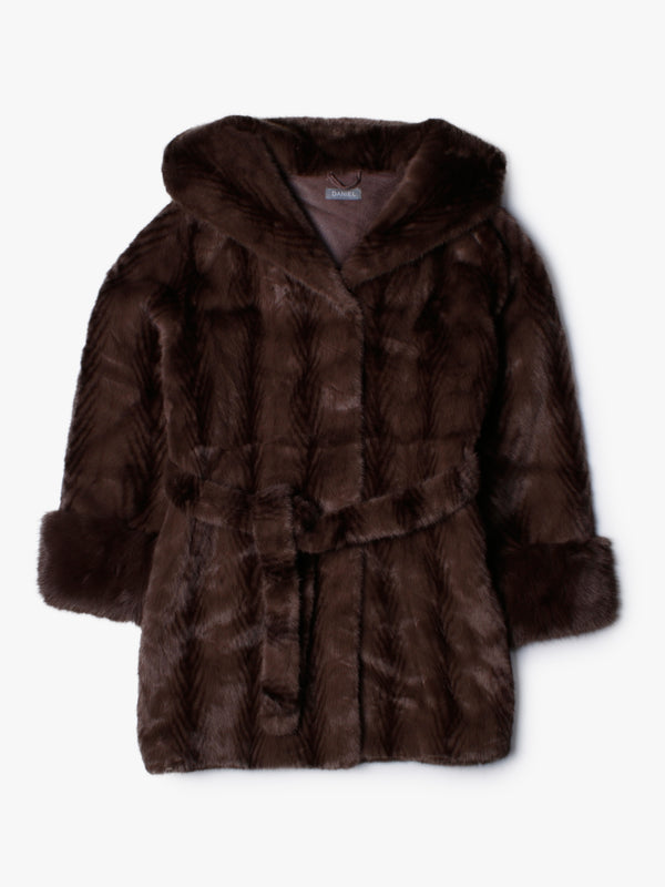 Brown Feather Stripe Faux Fur Hooded Waist Belt Coat