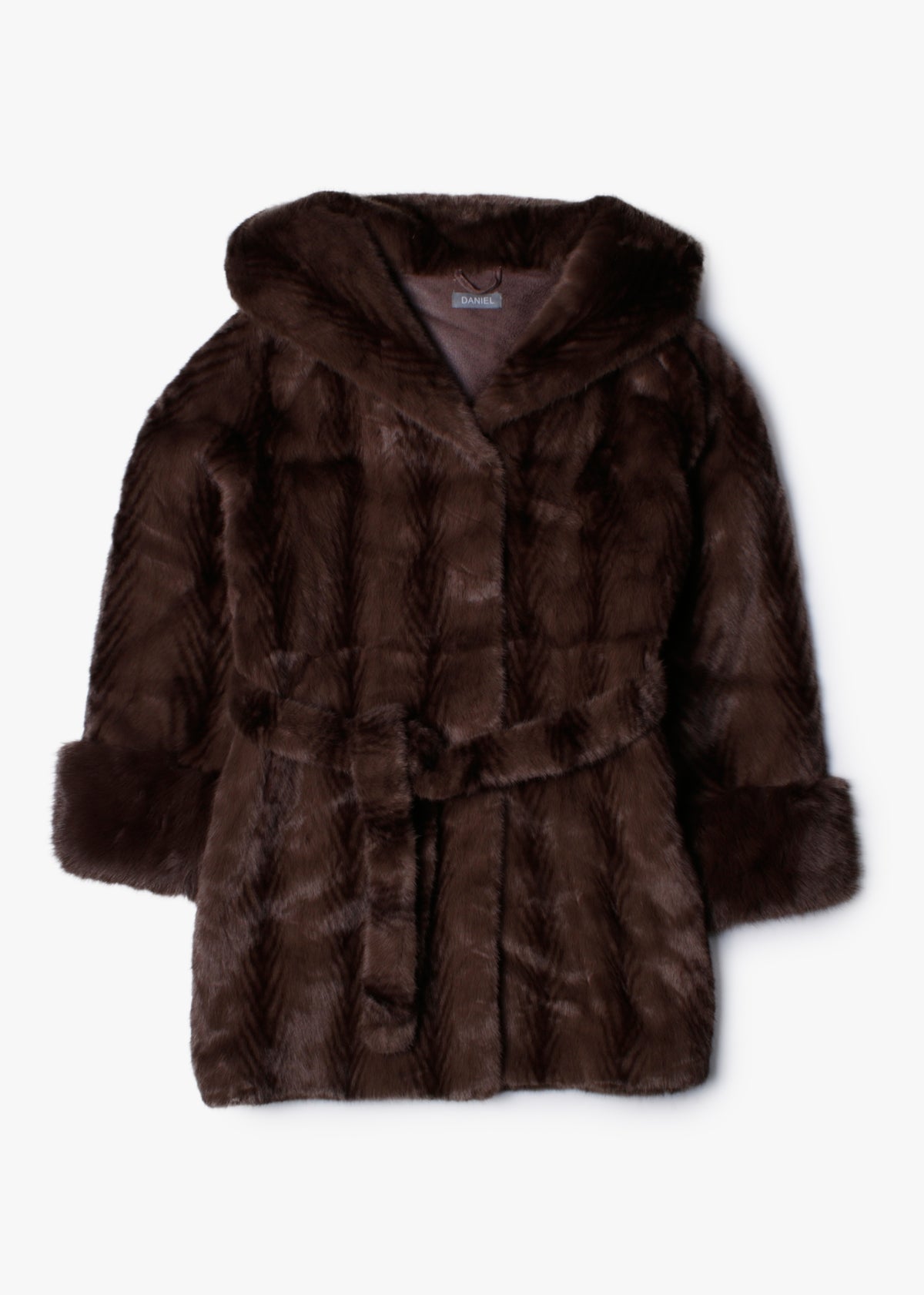 Brown Feather Stripe Faux Fur Hooded Waist Belt Coat