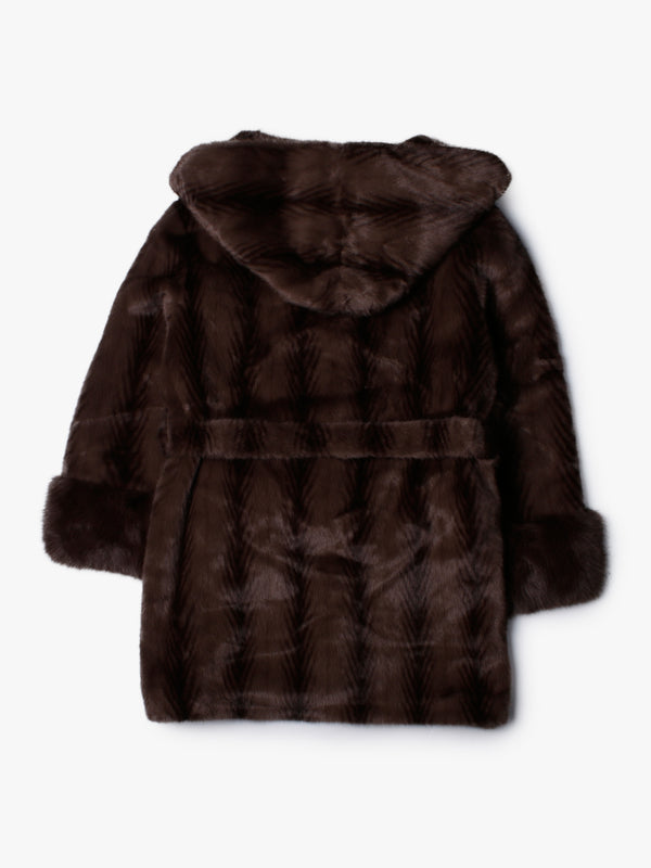 Brown Feather Stripe Faux Fur Hooded Waist Belt Coat