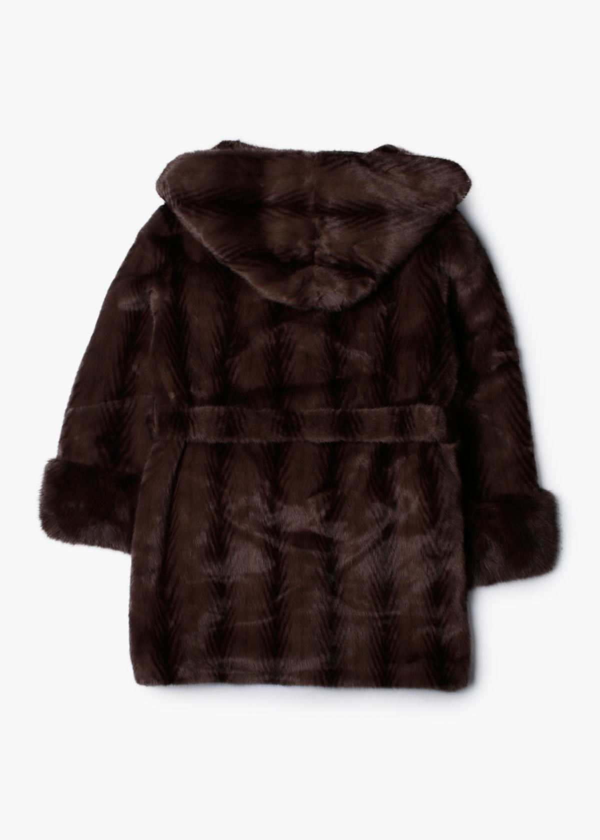 Brown Feather Stripe Faux Fur Hooded Waist Belt Coat