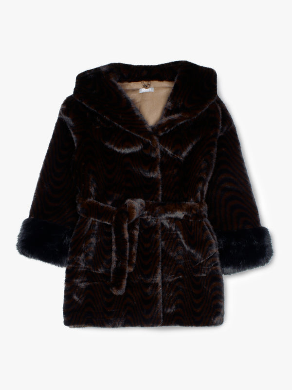 Black & Brown Swirl Faux Fur Hooded Waist Belt Coat