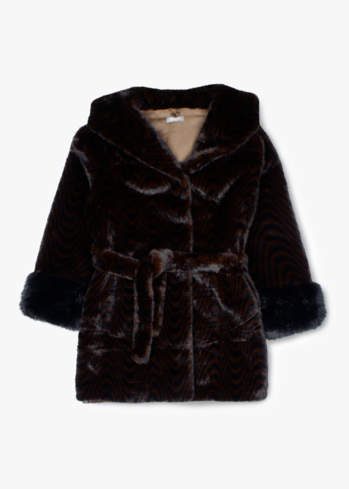 Black & Brown Swirl Faux Fur Hooded Waist Belt Coat