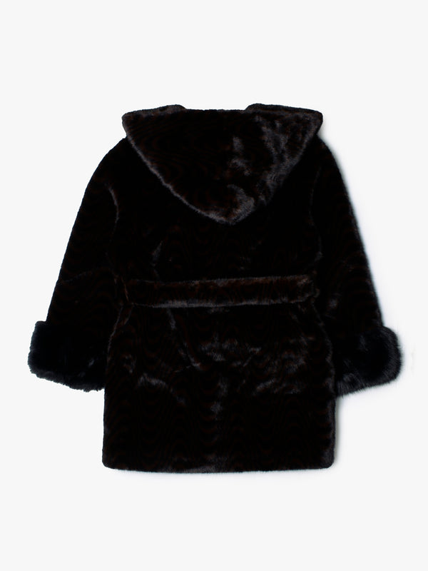Black & Brown Swirl Faux Fur Hooded Waist Belt Coat