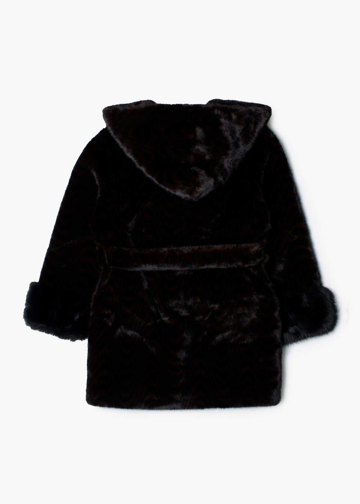 Black & Brown Swirl Faux Fur Hooded Waist Belt Coat