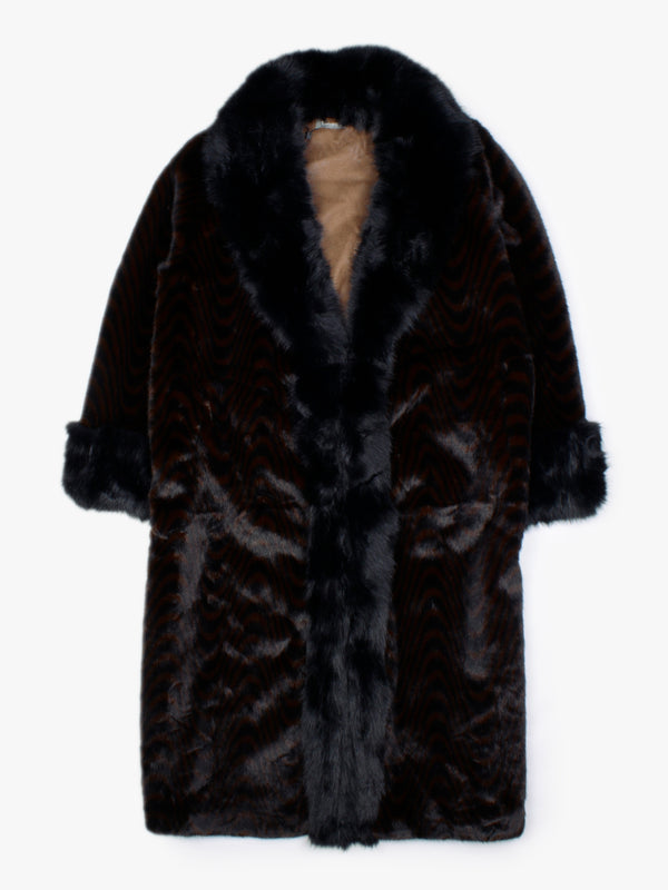 Black & Brown Swirl Faux Fur Collar Coat