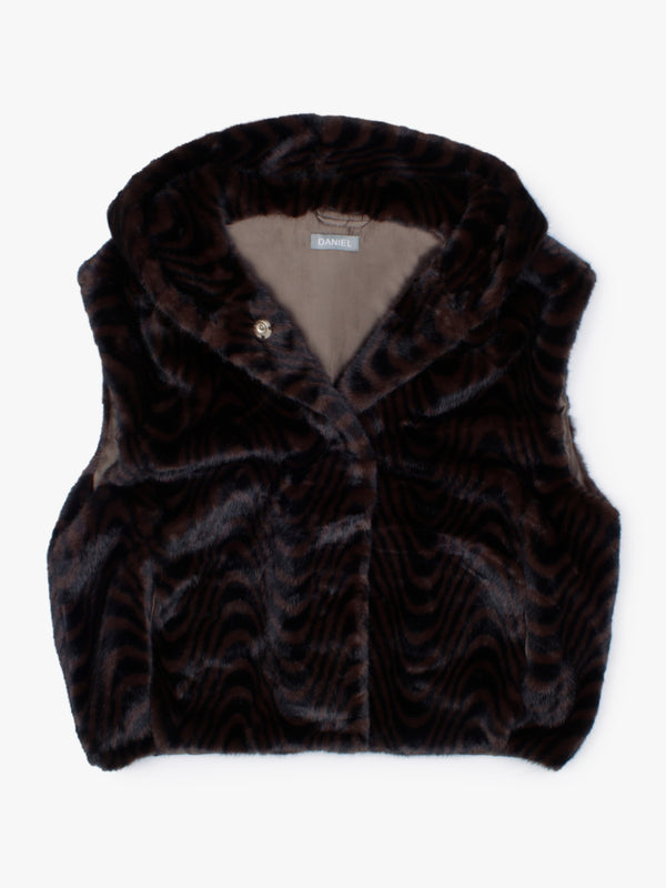 Black & Brown Swirl Faux Fur Hooded Gilet