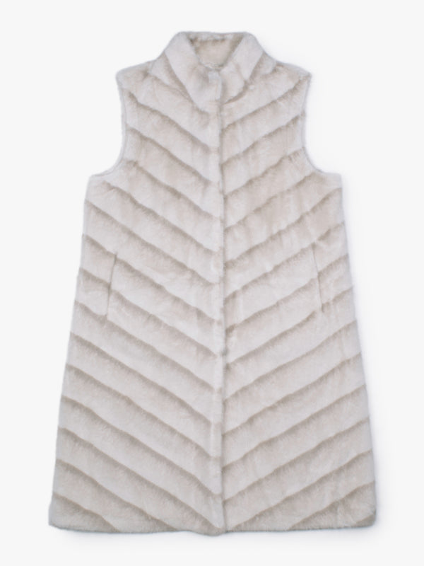 Beige Shaded Stripe Faux Fur Longline Gilet