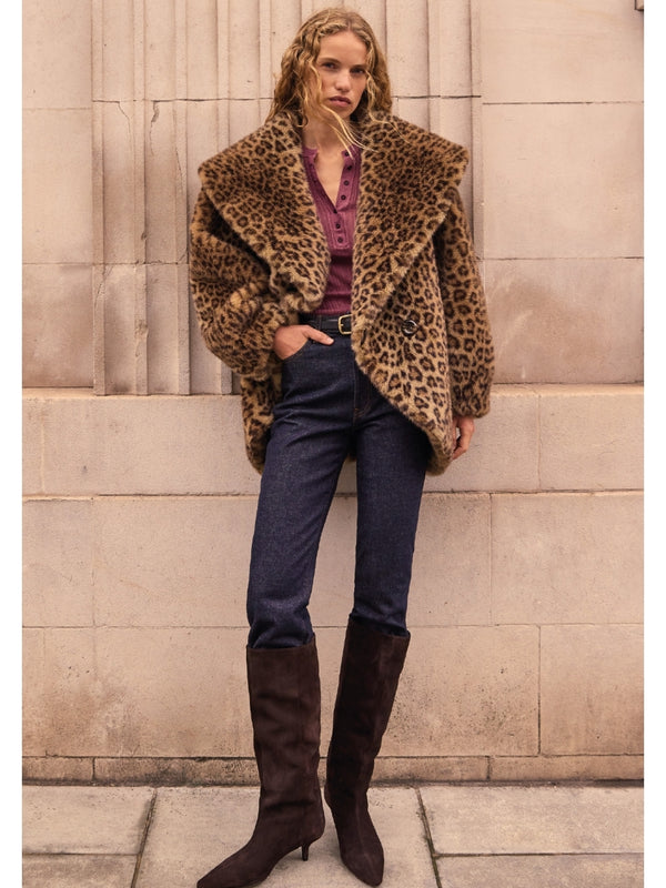Honey Leopard Faux Fur Oversized Collar Jacket