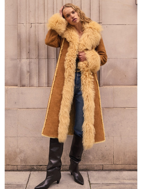 Indie 70's Tan Lambskin Shearling Trim Longline Coat