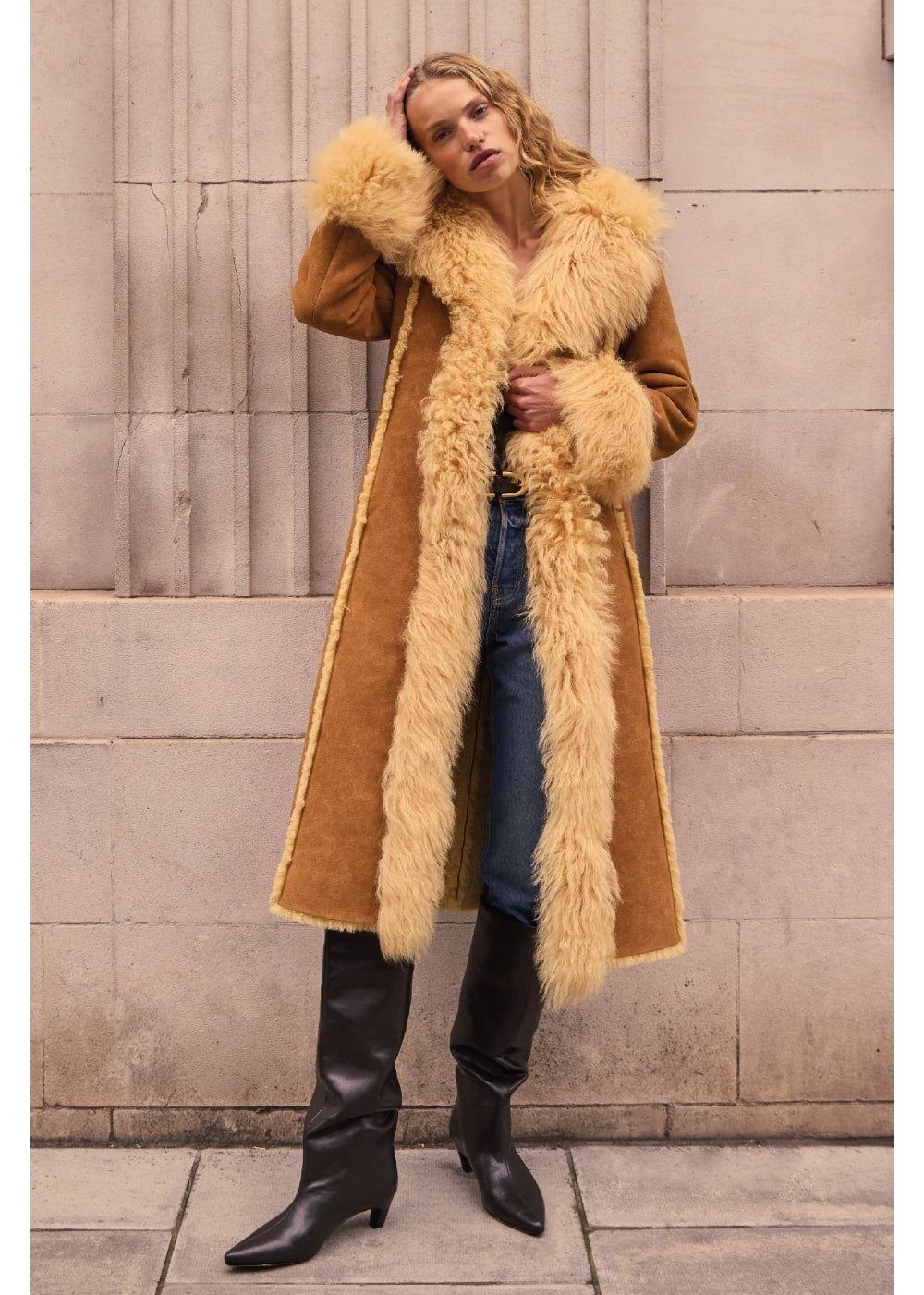 Indie 70's Tan Lambskin Shearling Trim Longline Coat