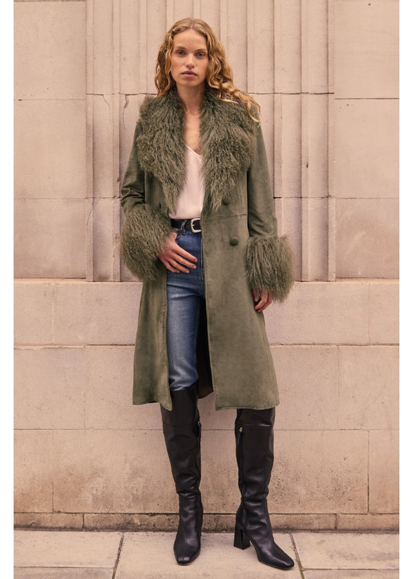 Penny III 70's Green Mongolian Trim Longline Coat