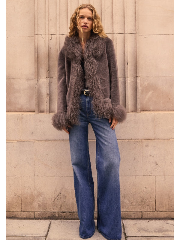 Olive 70’s Grey Mongolian Trim Jacket