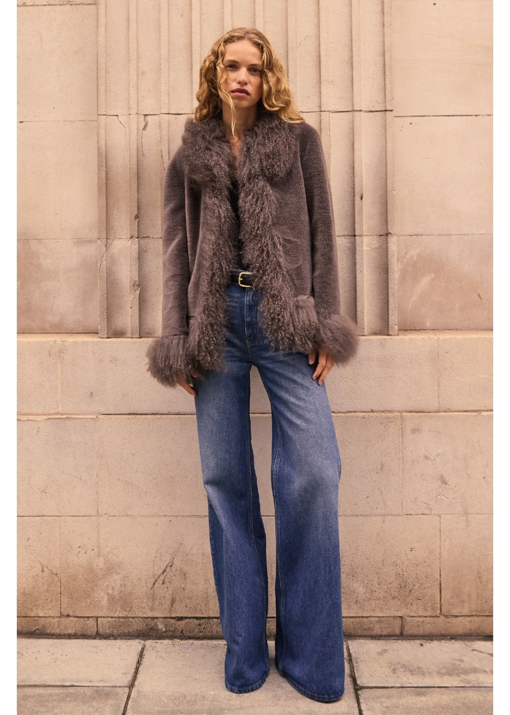 Olive 70’s Grey Mongolian Trim Jacket