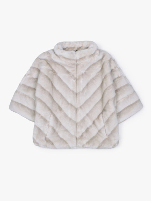 Beige Shaded Stripe Short Sleeve Faux Fur Jacket