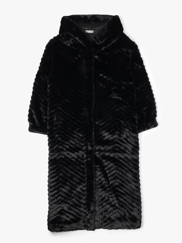 Black Faux Fur Longline Hooded Coat