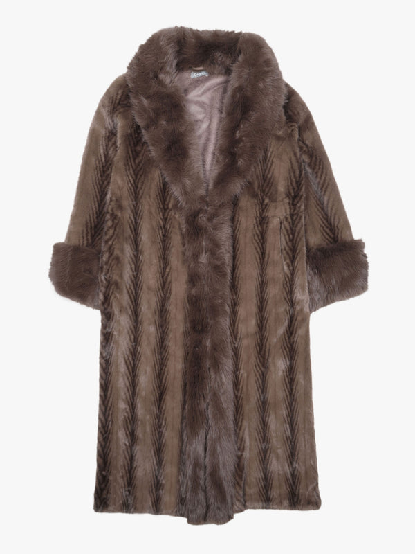 Brown Feather Stripe Faux Fur Collar Coat