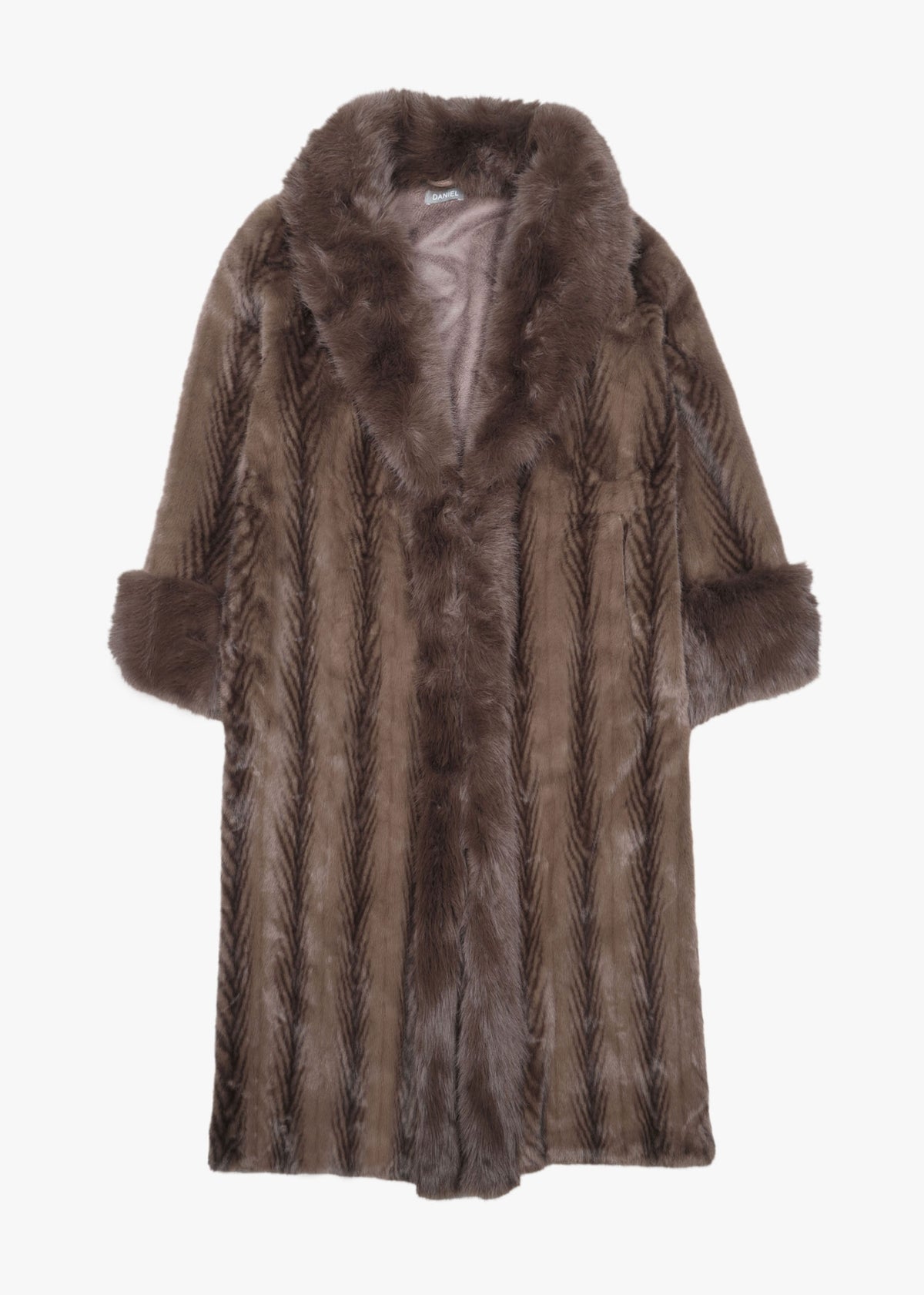 Brown Feather Stripe Faux Fur Collar Coat