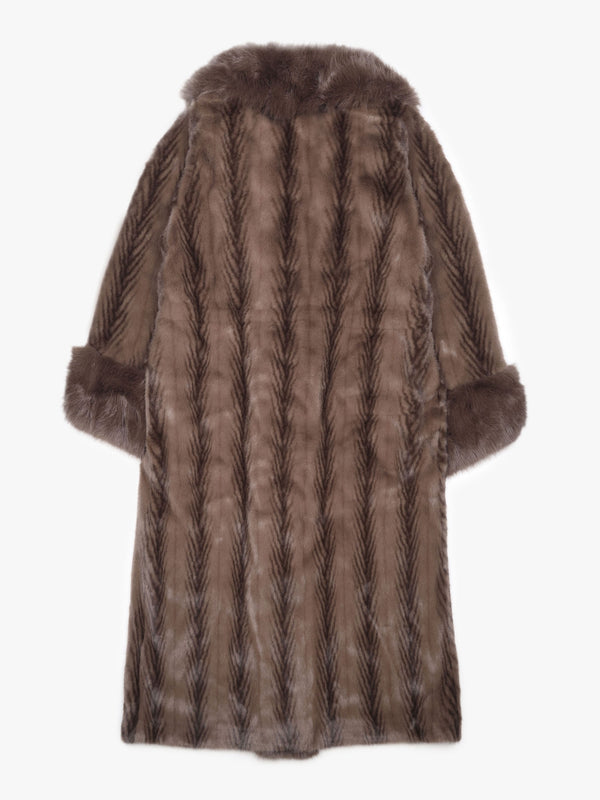 Brown Feather Stripe Faux Fur Collar Coat