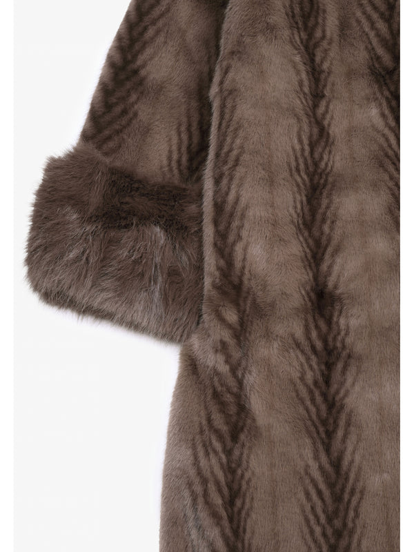 Brown Feather Stripe Faux Fur Collar Coat