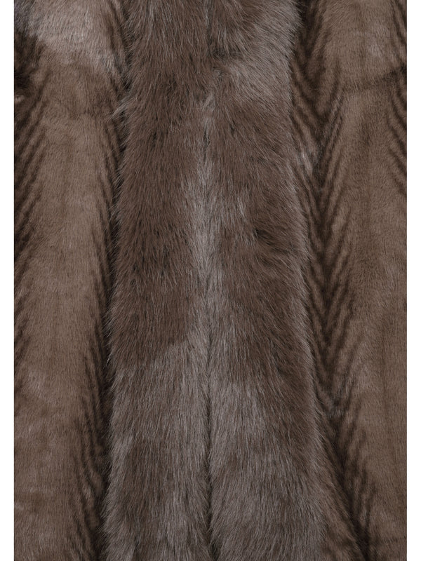 Brown Feather Stripe Faux Fur Collar Coat