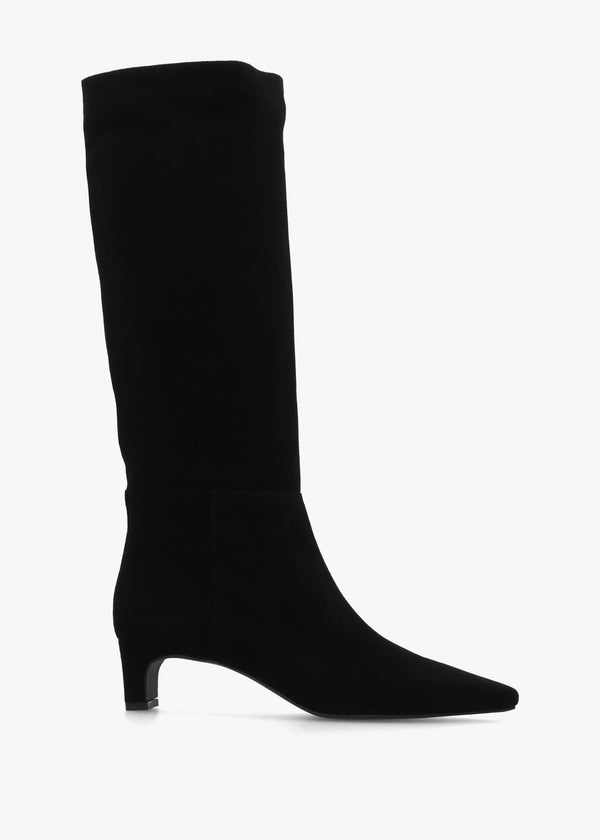 Sedda Black Suede Low Heel Knee Boots