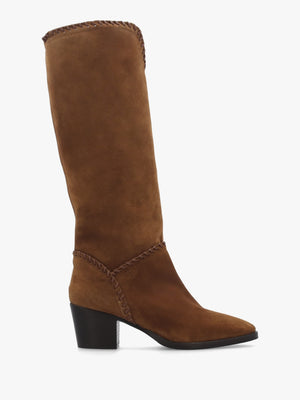 Nyla Tan Suede Whipstitched Stacked Heel Knee Boots