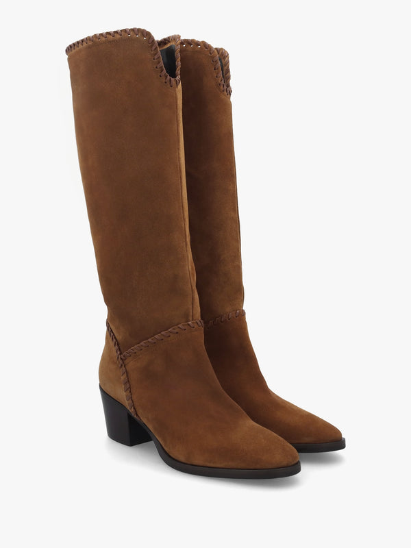 Nyla Tan Suede Whipstitched Stacked Heel Knee Boots