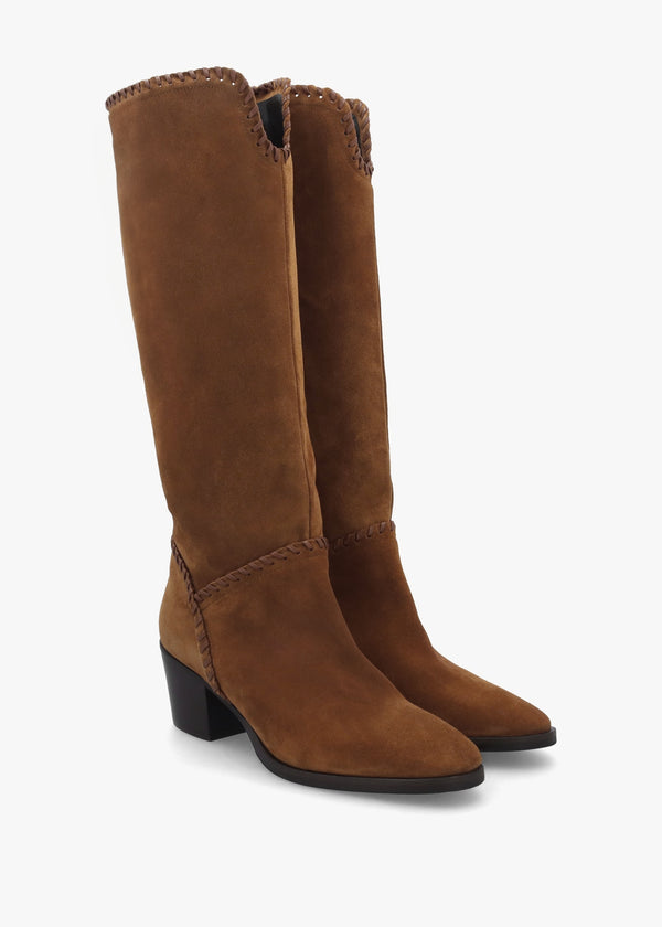 Nyla Tan Suede Whipstitched Stacked Heel Knee Boots
