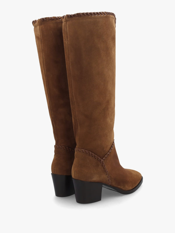 Nyla Tan Suede Whipstitched Stacked Heel Knee Boots
