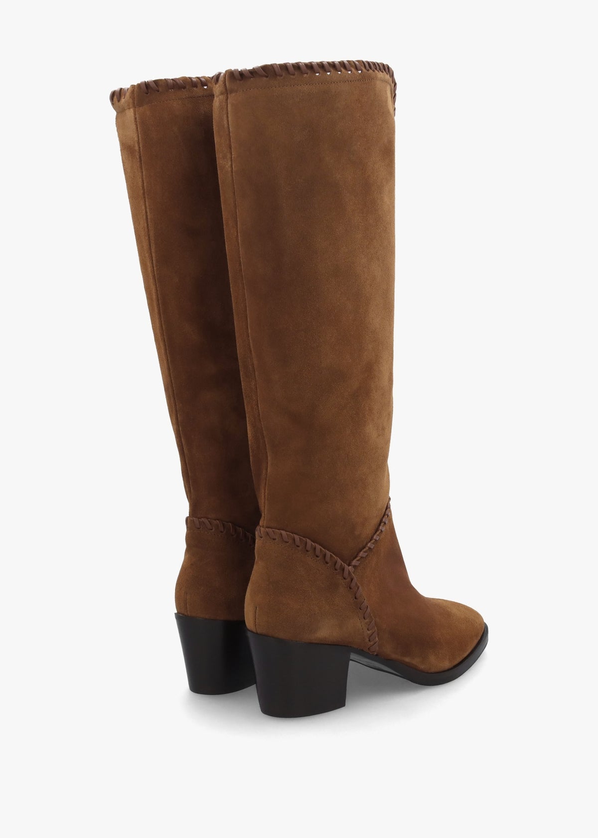 Nyla Tan Suede Whipstitched Stacked Heel Knee Boots