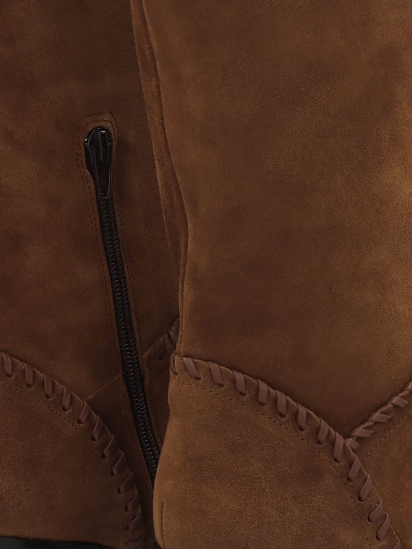 Nyla Tan Suede Whipstitched Stacked Heel Knee Boots