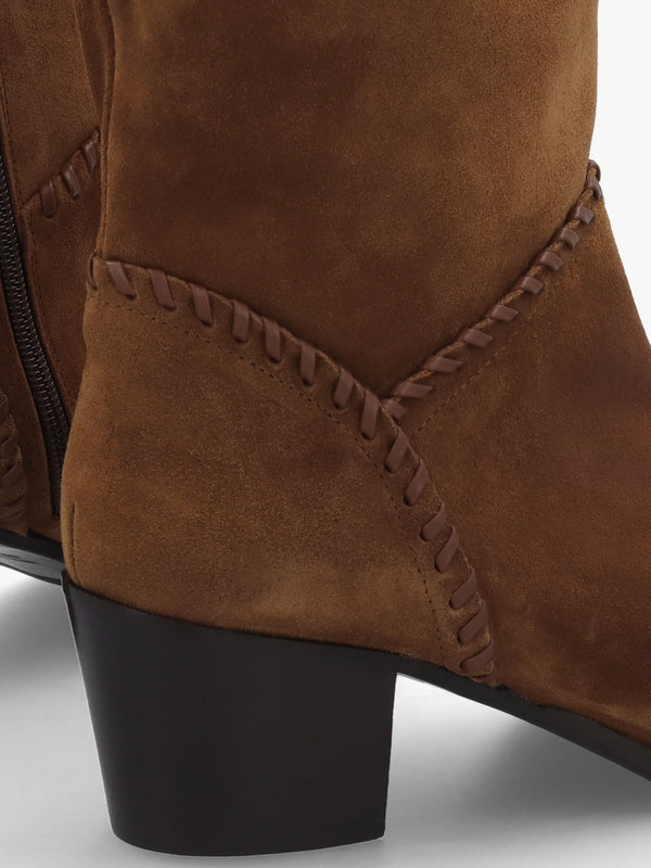 Nyla Tan Suede Whipstitched Stacked Heel Knee Boots
