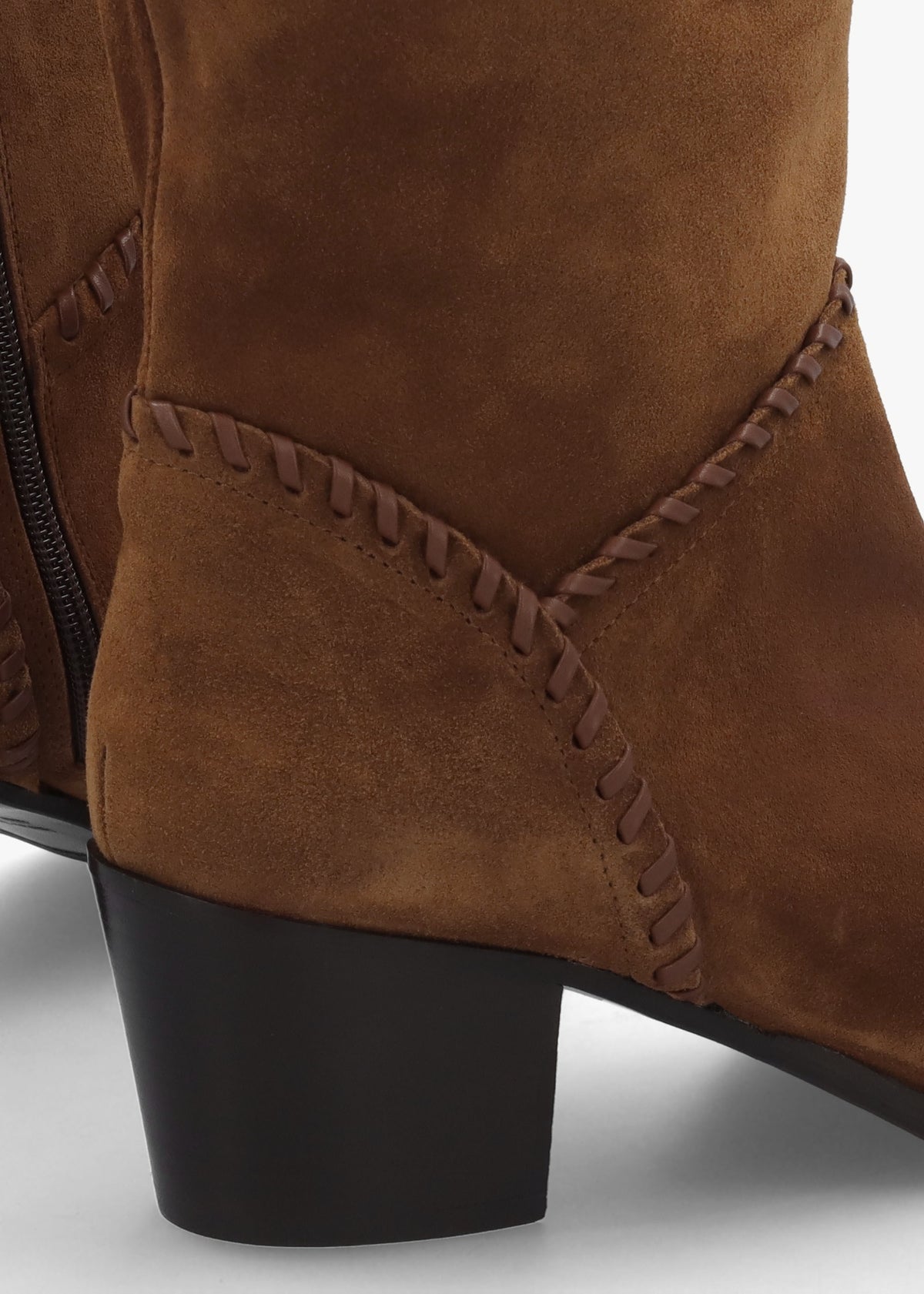 Nyla Tan Suede Whipstitched Stacked Heel Knee Boots