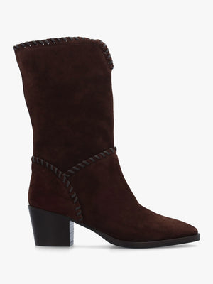 Nyla Brown Suede Whipstitched Stacked Heel Calf Boots