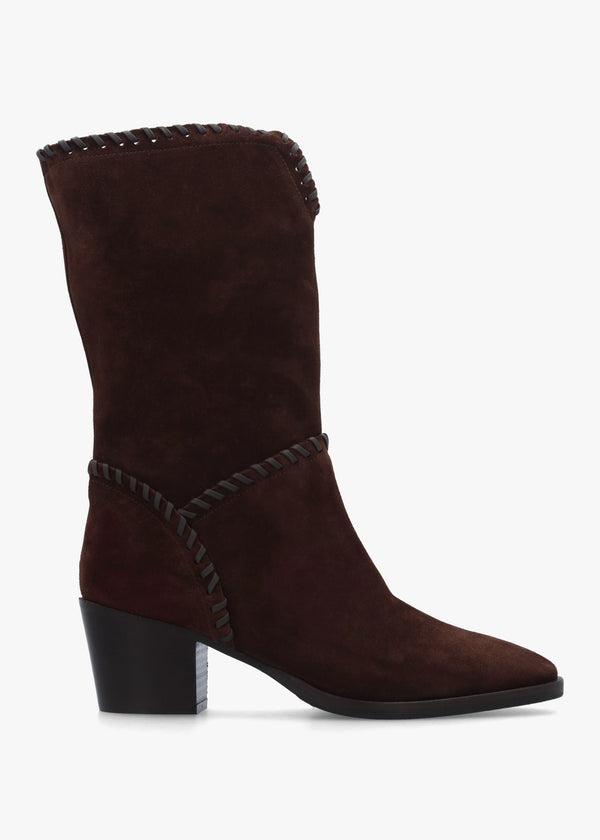 Nyla Brown Suede Whipstitched Stacked Heel Calf Boots