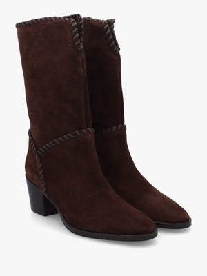 Nyla Brown Suede Whipstitched Stacked Heel Calf Boots