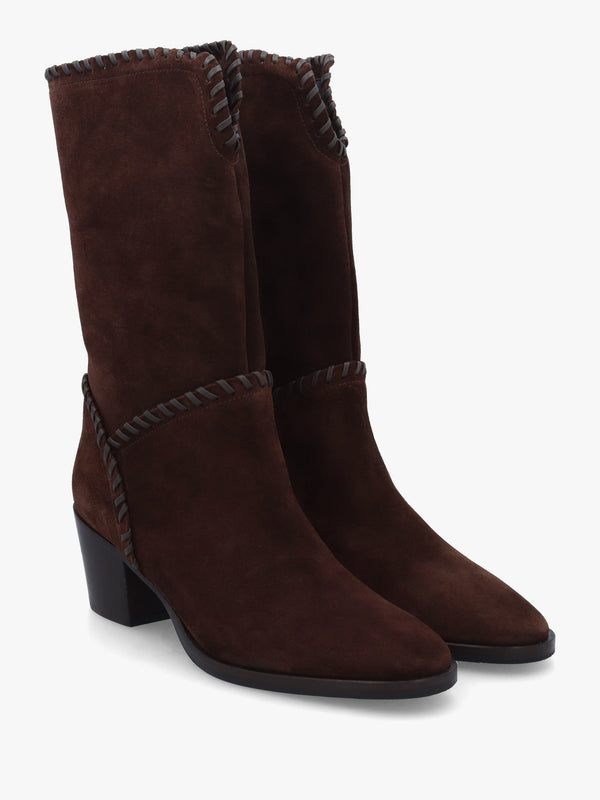Nyla Brown Suede Whipstitched Stacked Heel Calf Boots