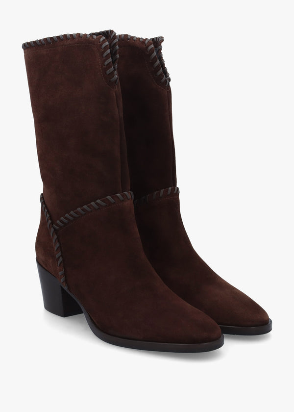 Nyla Brown Suede Whipstitched Stacked Heel Calf Boots