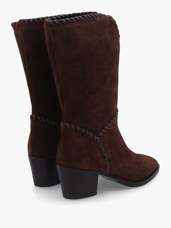 Nyla Brown Suede Whipstitched Stacked Heel Calf Boots